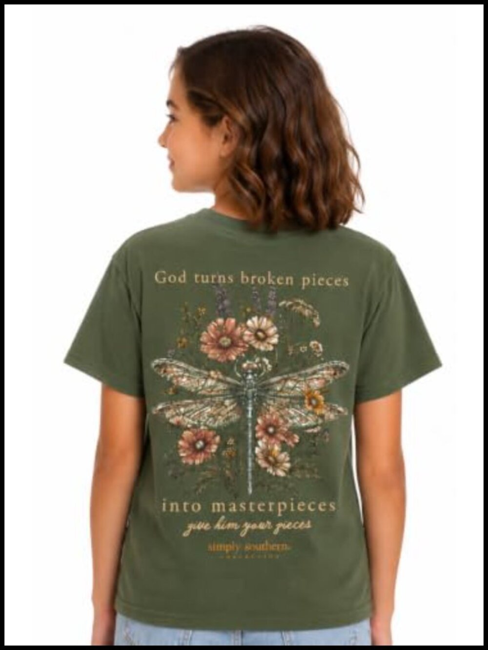 Simply Southern God Turns Broken Pieces Youth Graphic Tee Dragonfly